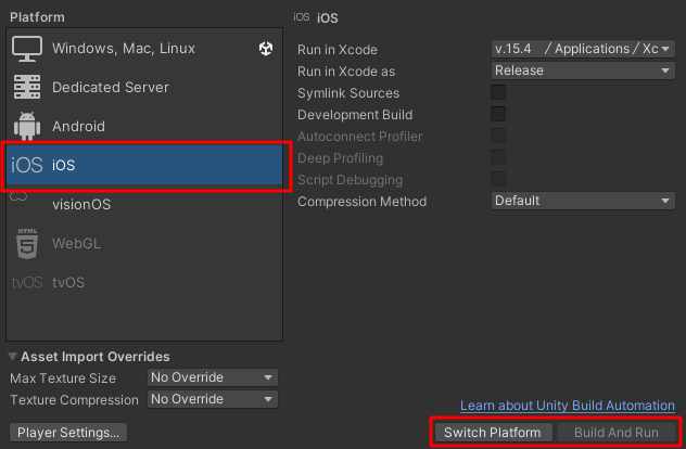 Unity内で「Build Settings」からiOSプラットフォームを選択し、「Build and Run」をクリック